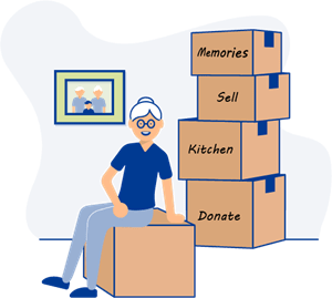 Graphic of a woman sitting with a pile of cardboard boxes and smiling