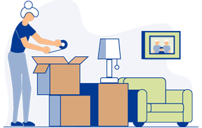 Graphic of a woman packing up belongings into cardboard boxes