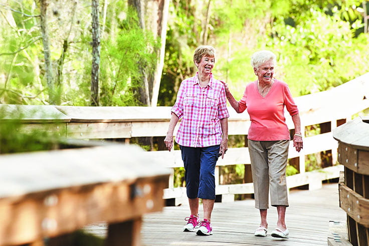 Two women walking outside.