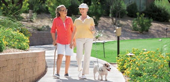 A woman with a cane walks alongside a woman with a dog on a leash.