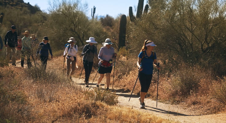 A group of Vi at Silverstone Trekkers hikes through the McDowell Sonoran Preserve.