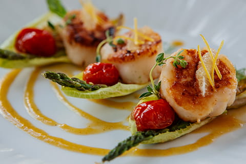 Scallops on a plate with sauce.