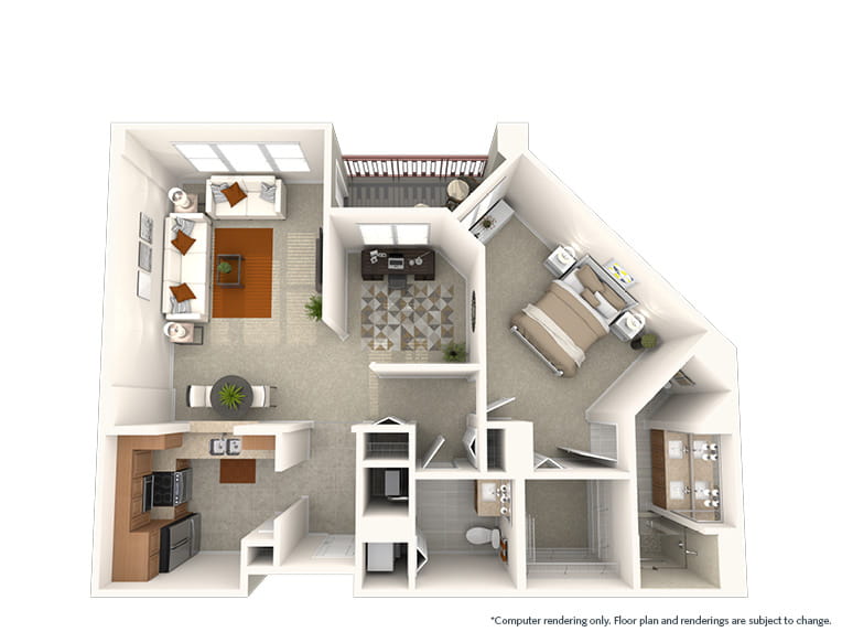 Sonoma - 1092 square feet - 1 Bed, 1.5 Bath + Den 3D floor plan.