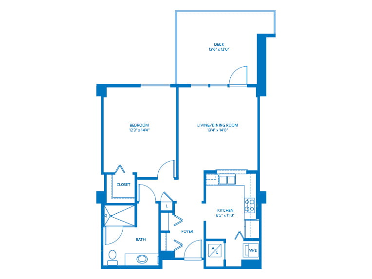 Mariposa - 826 square feet - 1 Bed, 1 Bath 2D floor plan. 