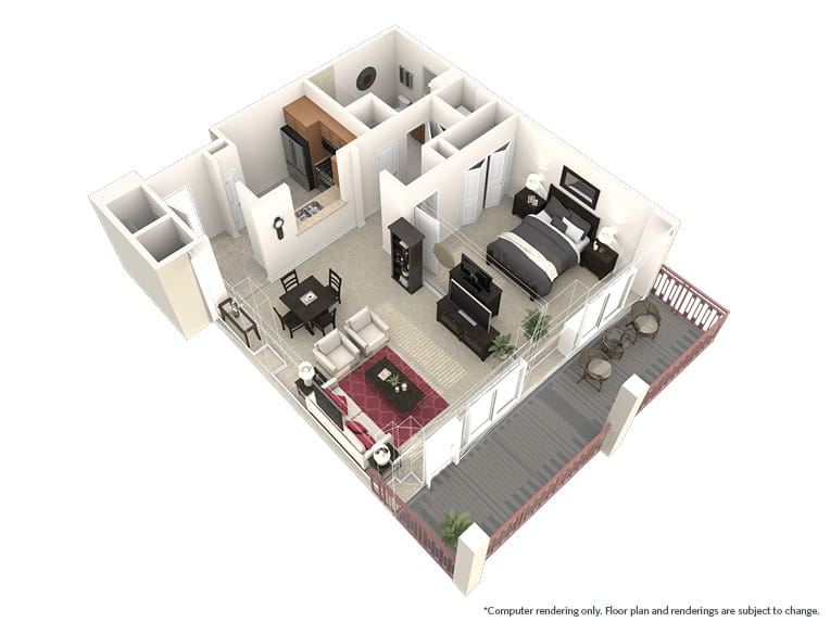 Paso Robles - 875 square feet - 1 Bed, 1 Bath 3D floor plan. 
