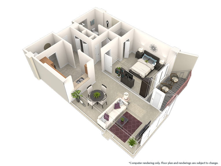 Rutherford - 928 square feet - 1 Bed, 1 Bath 3D floor plan. 