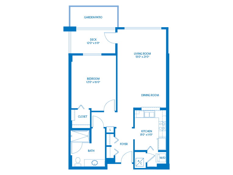 Mendocino - 928 square feet - 1 Bed, 1 Bath 2D floor plan.