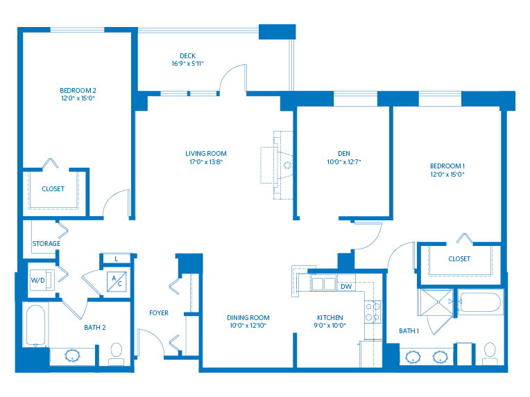 Monterey - 1766 square feet - 2 Bed, 2 Bath + Den 2D floor plan. 