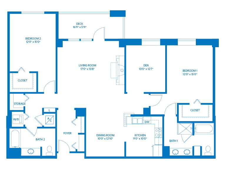 Monterey - 1766 square feet - 2 Bed, 2 Bath + Den 2D floor plan.