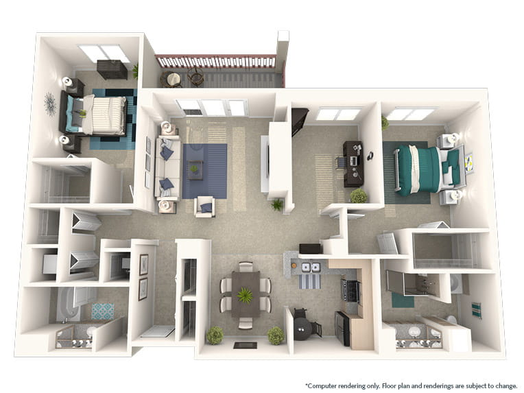 Monterey - 1766 square feet - 2 Bed, 2 Bath + Den 3D floor plan. 
