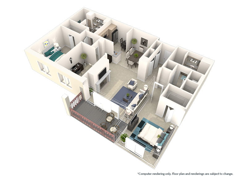 Monterey - 1766 square feet - 2 Bed, 2 Bath + Den 3D floor plan. 