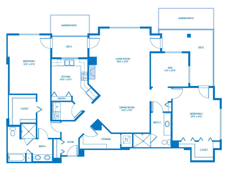 Solano - 2008 square feet - 2 Bed, 2 Bath + Den 2D floor plan.