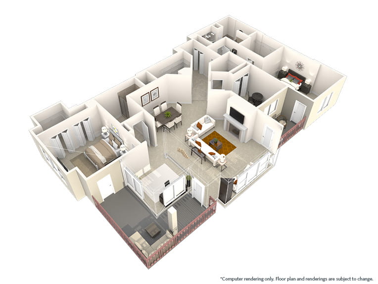 Solano - 2008 square feet - 2 Bed, 2 Bath + Den 3D floor plan. 