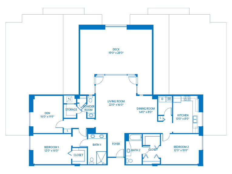 Santa Cruz - 2030 square feet - 2 Bed, 2.5 Bath + Den 2D floor plan. 