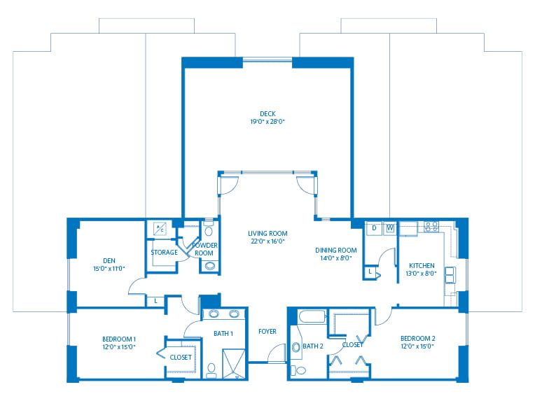 Santa Cruz - 2030 square feet - 2 Bed, 2.5 Bath + Den 2D floor plan.