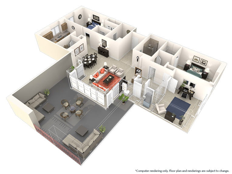 Santa Cruz - 2030 square feet - 2 Bed, 2.5 Bath + Den 3D floor plan. 