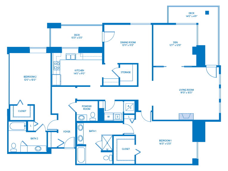 Carmel Valley - 2121 square feet - 2 Bed, 2.5 Bath + Den 2D floor plan.