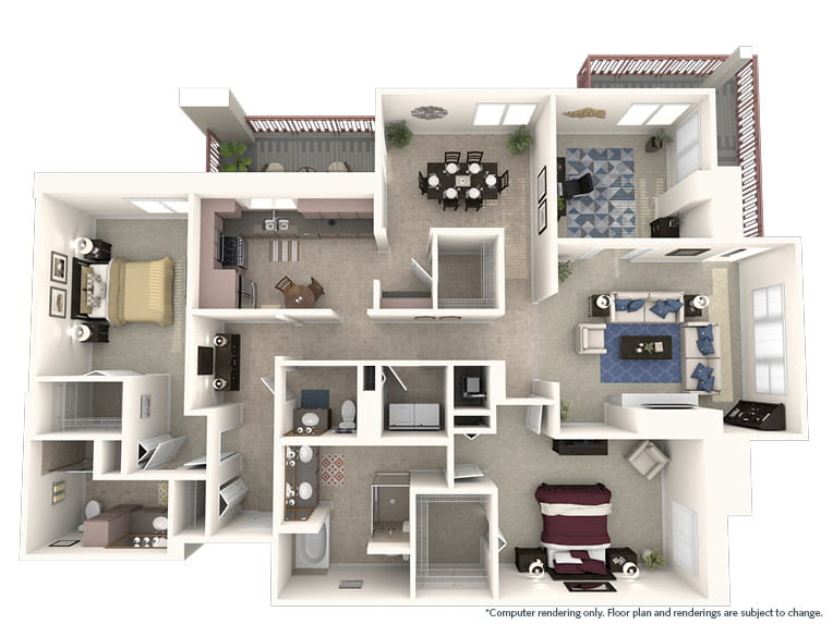 Carmel Valley - 2121 square feet - 2 Bed, 2.5 Bath + Den 3D floor plan. 