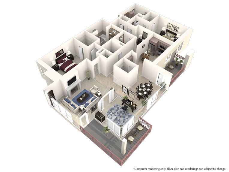 Carmel Valley - 2121 square feet - 2 Bed, 2.5 Bath + Den 3D floor plan. 
