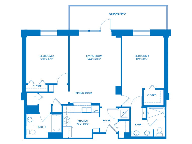 Napa - 1245 square feet - 2 Bed, 2 Bath 2D floor plan. 