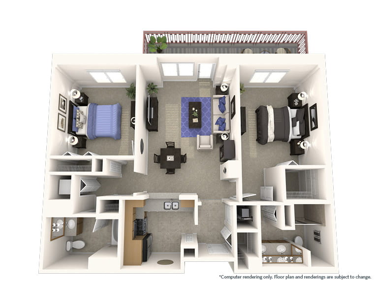 Napa - 1245 square feet - 2 Bed, 2 Bath 3D floor plan. 