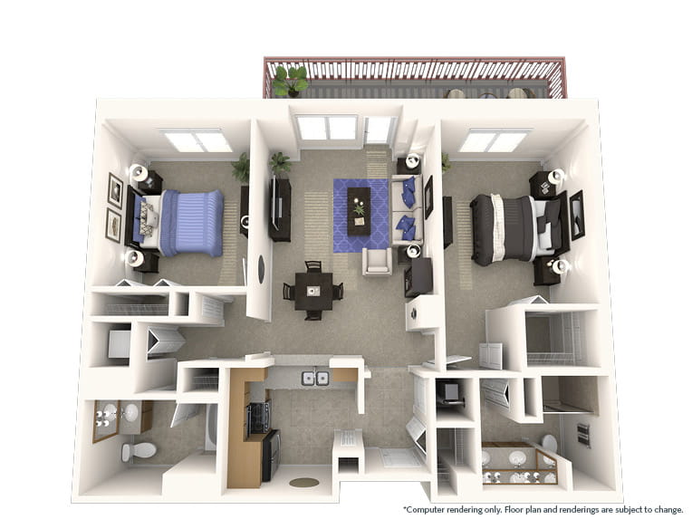 Napa - 1245 square feet - 2 Bed, 2 Bath 3D floor plan.