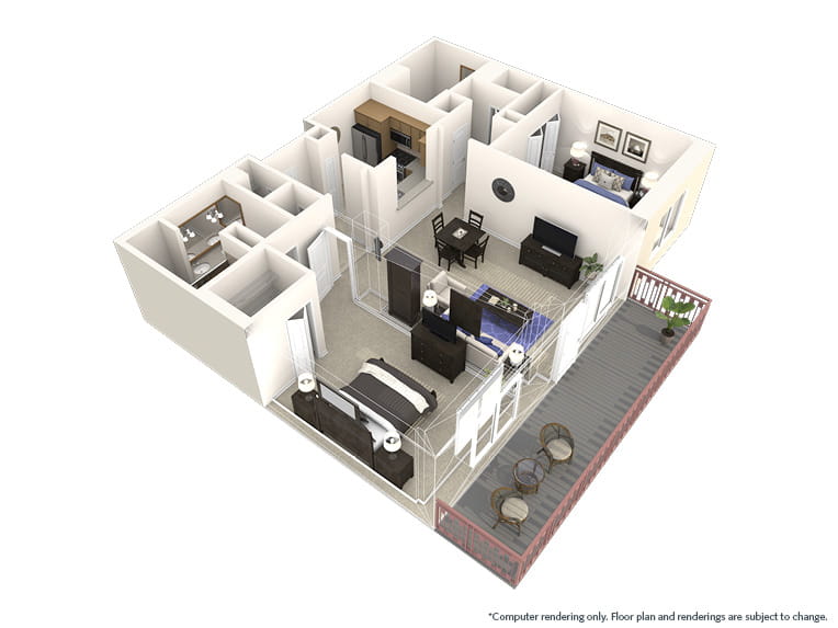Napa - 1245 square feet - 2 Bed, 2 Bath 3D floor plan. 