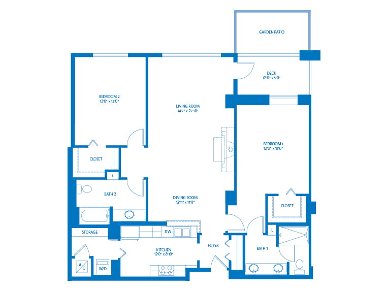 Los Carneros - 1451 square feet - 2 Bed, 2 Bath 2D floor plan.