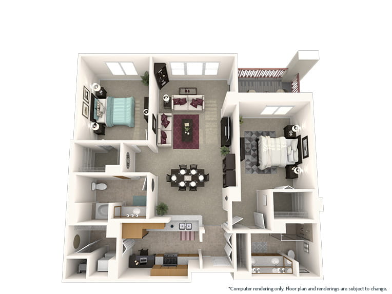 Los Carneros - 1451 square feet - 2 Bed, 2 Bath 3D floor plan. 