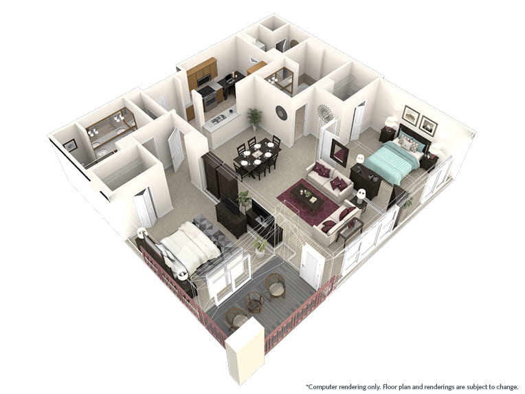 Los Carneros - 1451 square feet - 2 Bed, 2 Bath 3D floor plan. 