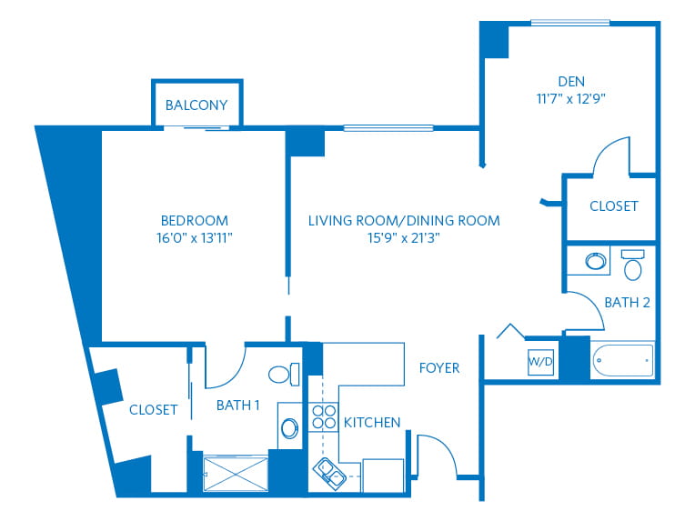 Rio - 1210 square feet - 1 Bed, 2 Bath + Den