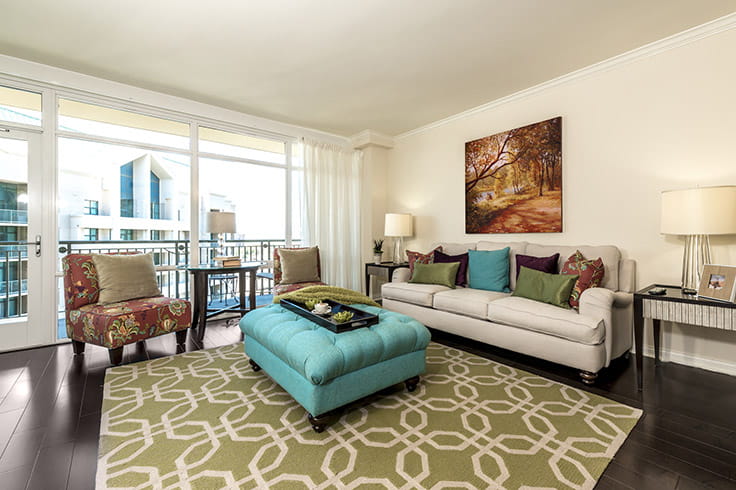 A living room in a Vi at La Jolla Village apartment.