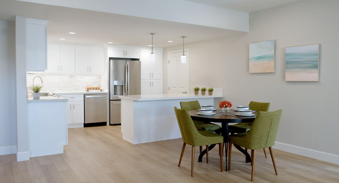 Vi at La Jolla Village apartment kitchen and dining. 