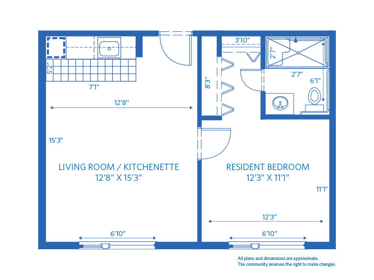 Vi at Highlands Ranch care center 2D floor plan - Assisted Living 1BR.