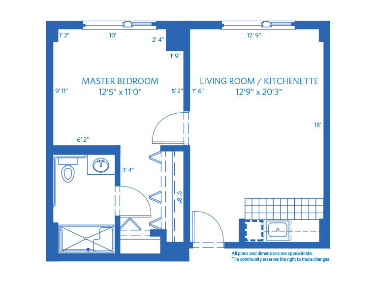 Vi at Highlands Ranch care center 2D floor plan - Assisted Living 1BR.  