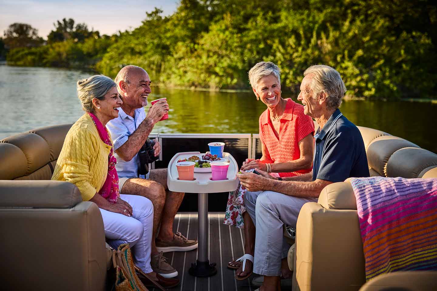 A group of seniors hanging out on a boat.