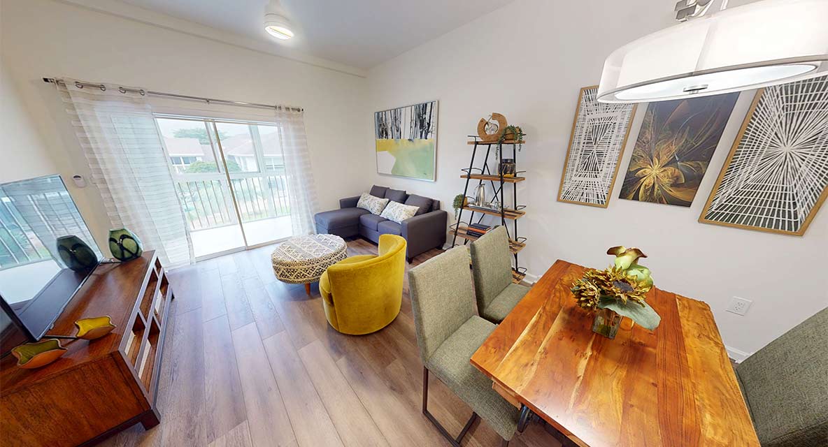 Peachwood model apartment dining and living room. 