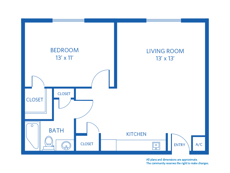 Vi at Lakeside Village Assisted Living One Bedroom 520 sq. ft. floor plan. 