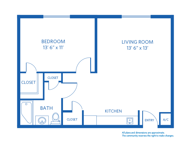 Vi at Lakeside Village Assisted Living One Bedroom 540 sq. ft. floor plan. 