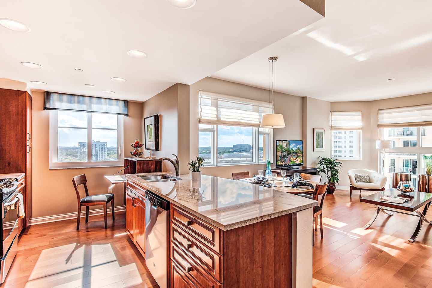 Vi at Aventura, apartment kitchen and living room