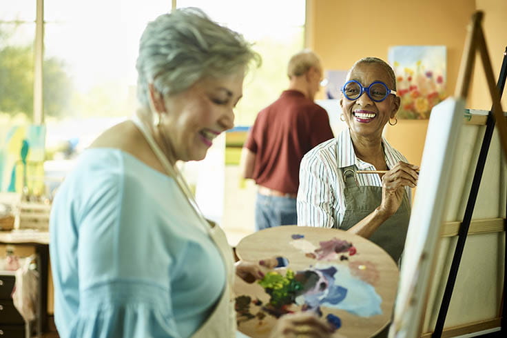 Two women painting in the art studio