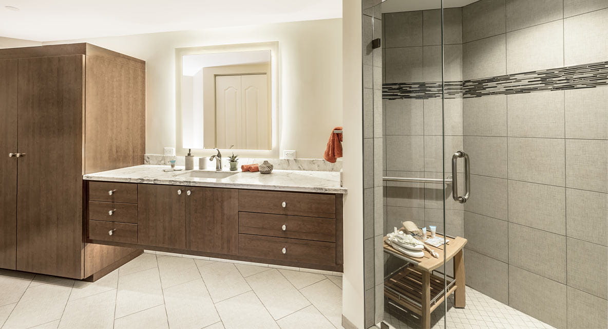 Unit bathroom at Vi at Aventura. 