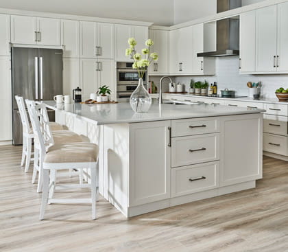 The kitchen in a Satin Leaf apartment.