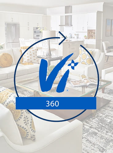The Vi 360 logo overlaid on a photo of Bentley Village apartment.