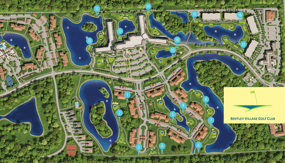 The map of the Bentley Golf Course, located in Naples, FL