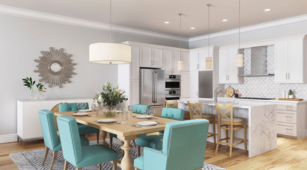 The kitchen and dining area in the Juniper floor plan. Rendering only.