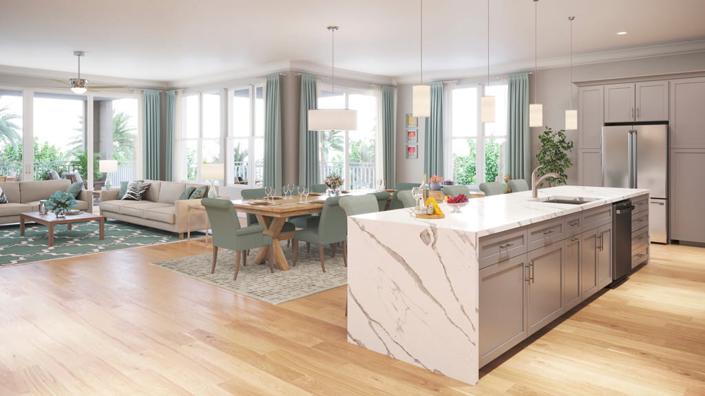 Open concept kitchen and living room space of Tamarind floor plan.