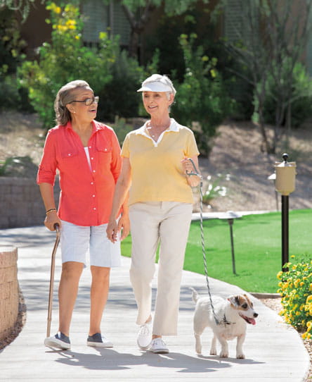 Two women stroll outdoors with a dog.