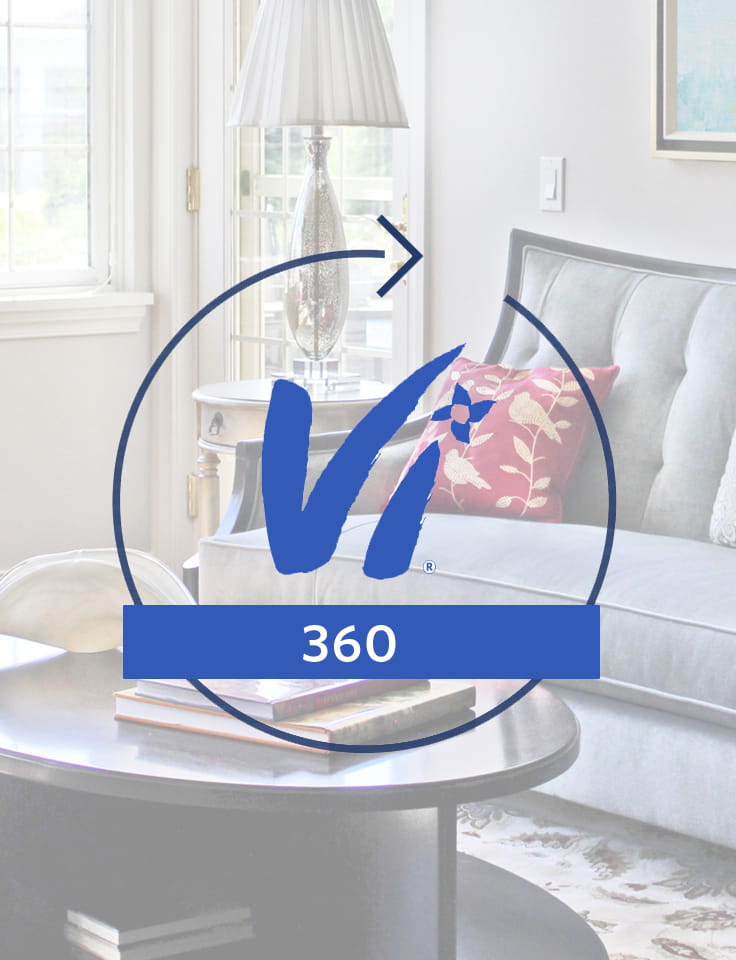 Vi 360 logo overlaid on living room photo